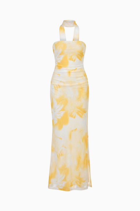 Yellow Scarf-Print Mesh Maxi Dress