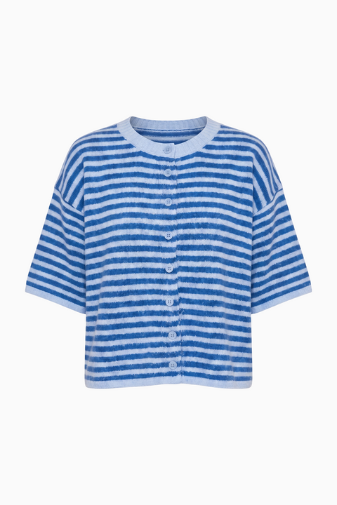 Oversized Blue Striped Short Sleeve Knit Cardigan