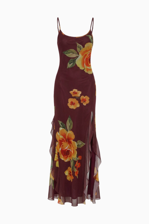 Burgundy Floral Satin Slit Maxi Dress