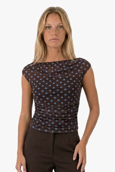 Draped Cowl Neck Polka Dot Top