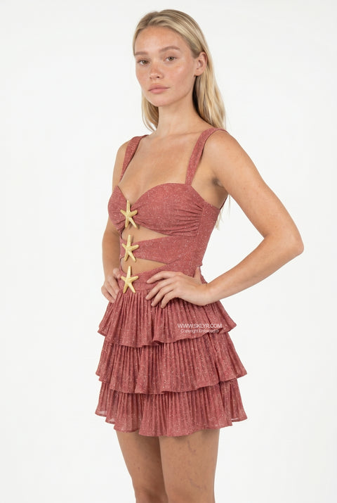 Rust Red Starfish Cutout Ruffle Mini Dress