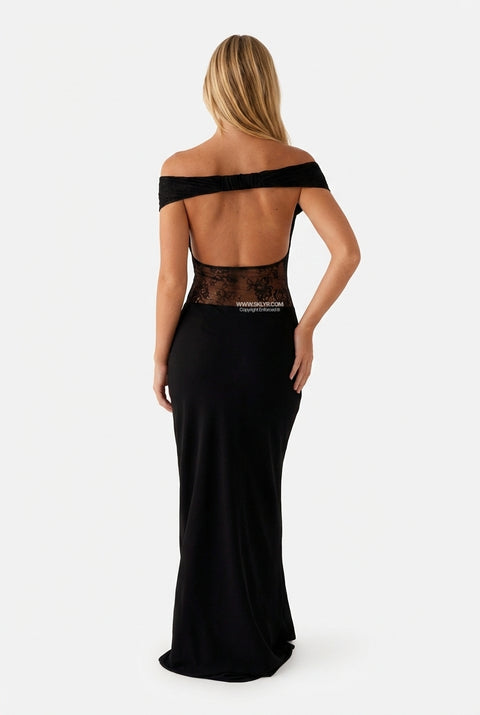 Black Off-Shoulder Lace-Panel Maxi Dress