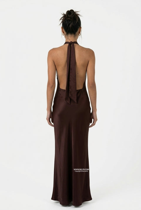 Chocolate Satin Halter Maxi Dress