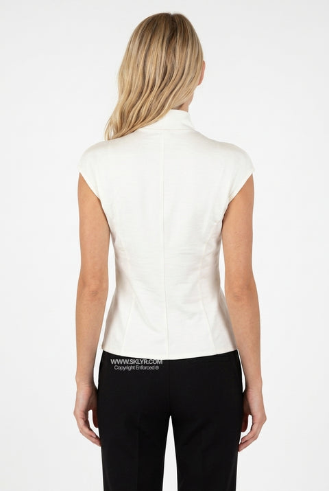 White Sleeveless Mandarin Collar Cutout Top