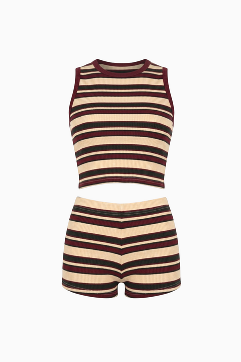 Ribbed Burgundy & Beige Striped Short Set