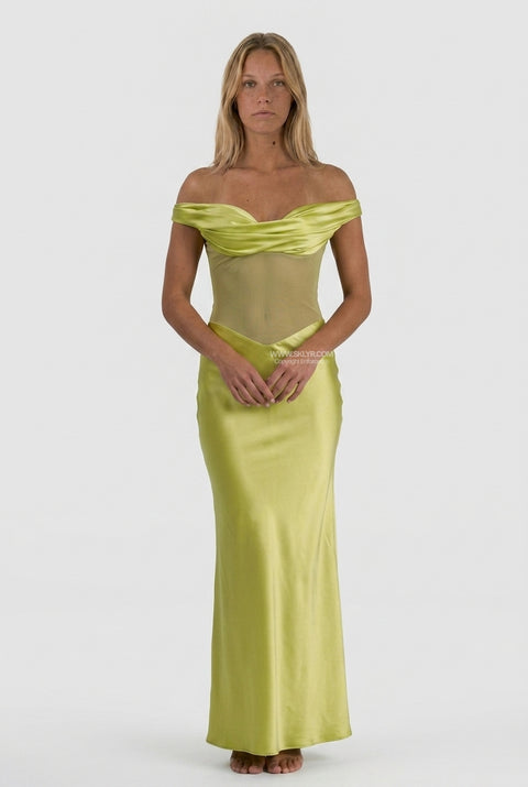 Lime Green Off-the-Shoulder Satin Maxi Dress