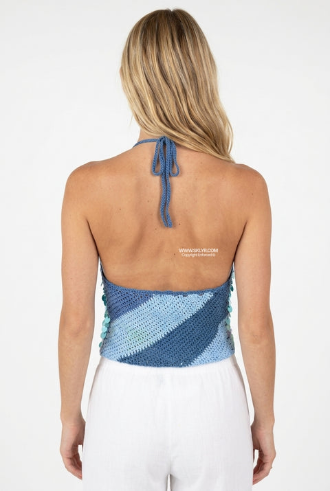 Blue Sequin Crochet Halter Top