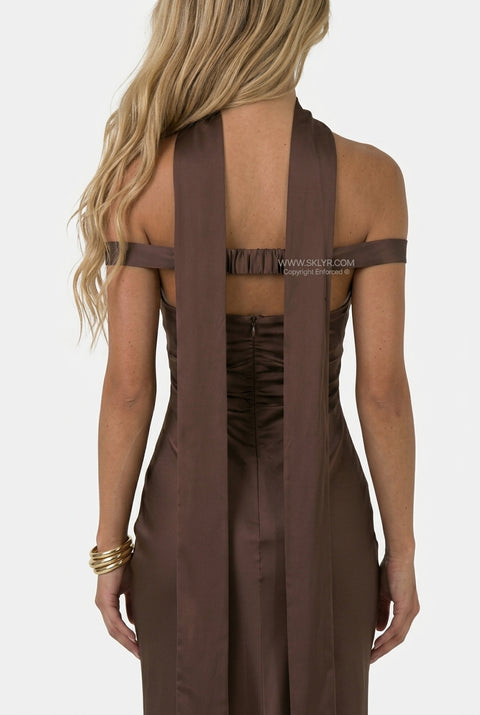 Brown Satin Open-Back Halter Maxi Dress