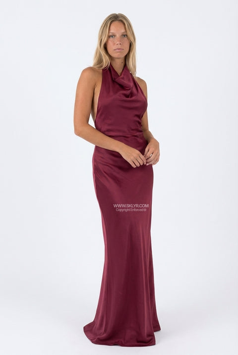 Wine Red Satin Slip Maxi Dress