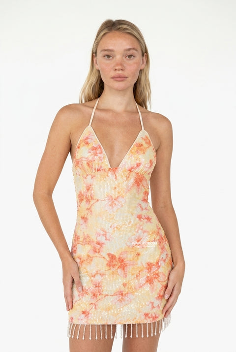 Peach Floral Sparkle Beaded Hem Dress