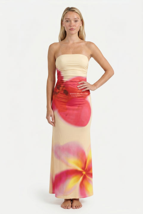 Cream & Red Allover Floral Ruched Maxi Dress