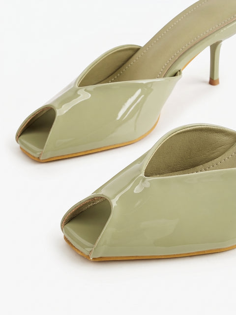 Green Patent Peep-Toe Kitten Heel Sandals