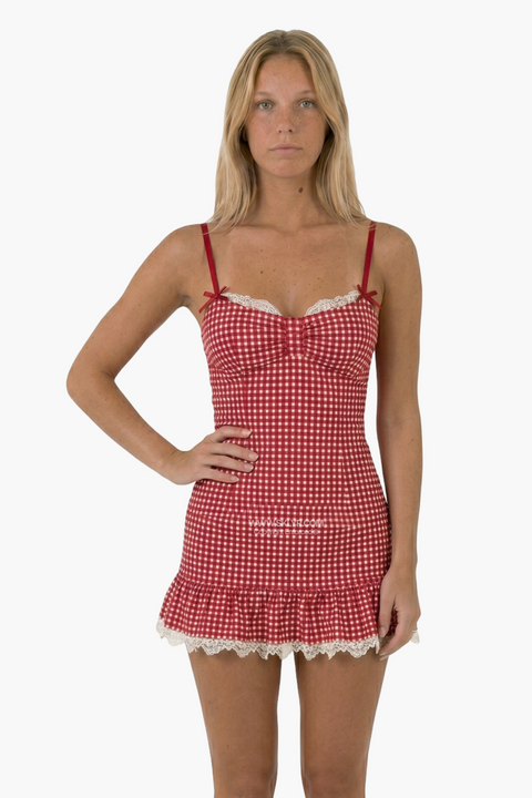 Red Gingham Lace-Trim Mini