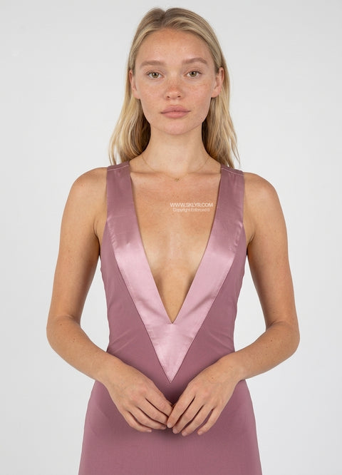 Mauve Deep V-Neck Satin Maxi Dress