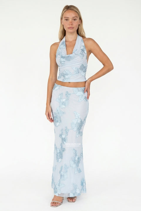 Baby Blue Floral Jacquard Two-Piece Maxi Set
