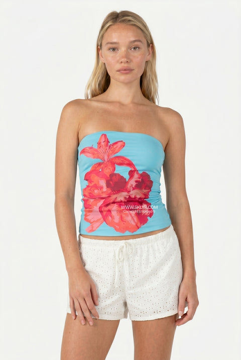 Tropical Floral Print Strapless Tube Top