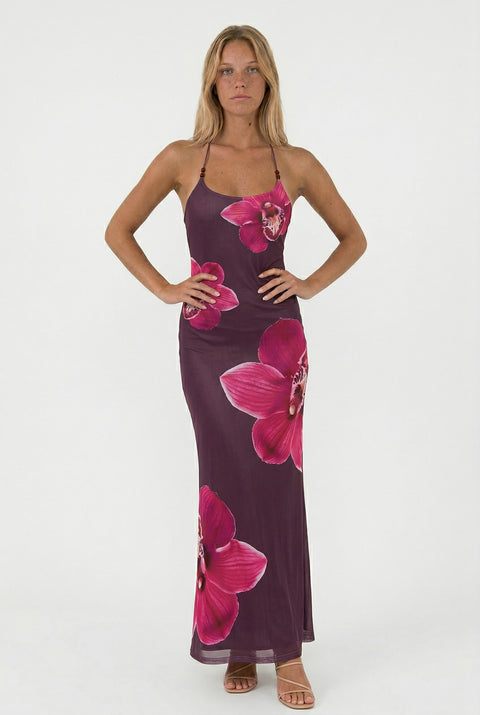 Plum Orchid Beaded Halter Maxi Dress