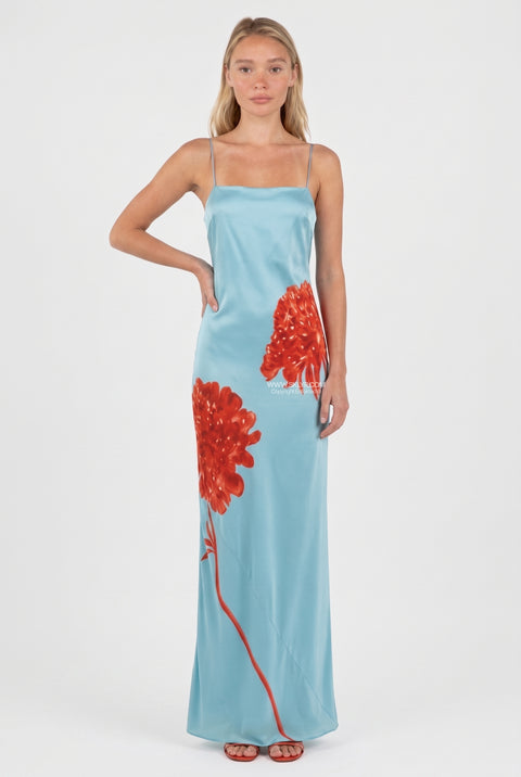Light Blue Satin Floral Maxi Dress