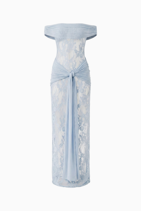 Blue Lace Off-Shoulder Maxi Dress