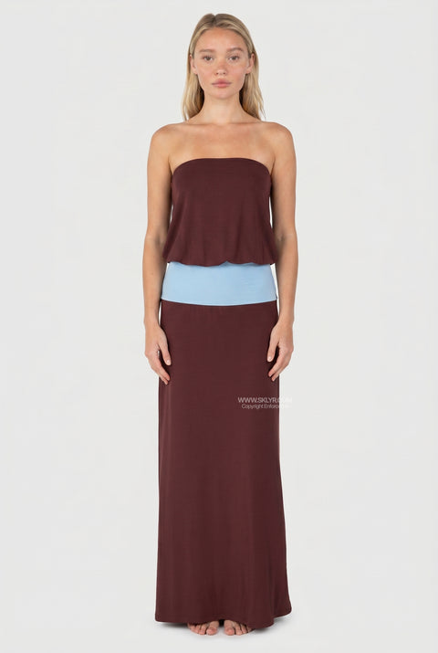 Brown Tube With Blue Band Maxi Dress