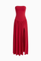 Red Satin Thigh-Slit Maxi Dress