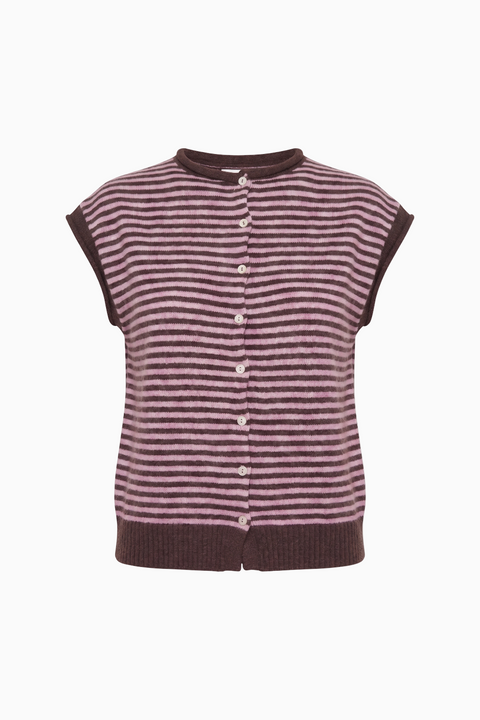 Striped Cashmere-Blend Sleeveless Cardigan - Mauve & Dark Brown