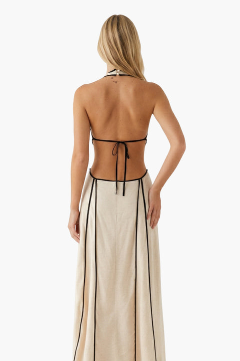 Beige Halter Cutout with Contrast Piping Maxi Dress