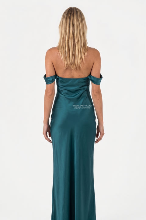 Dark Green Off-The-Shoulder Satin Maxi Dress