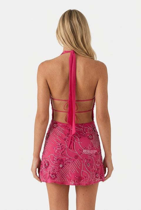 Pink Floral Halter Mini Dress