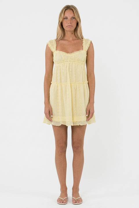 Pale Yellow Eyelet Ruffle Strap Babydoll Mini Dress