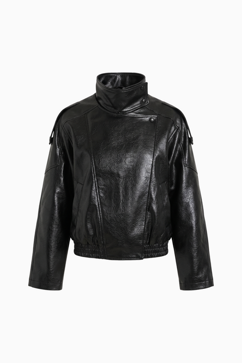 Black Crinkled Faux Leather Oversized Bomber Jacket