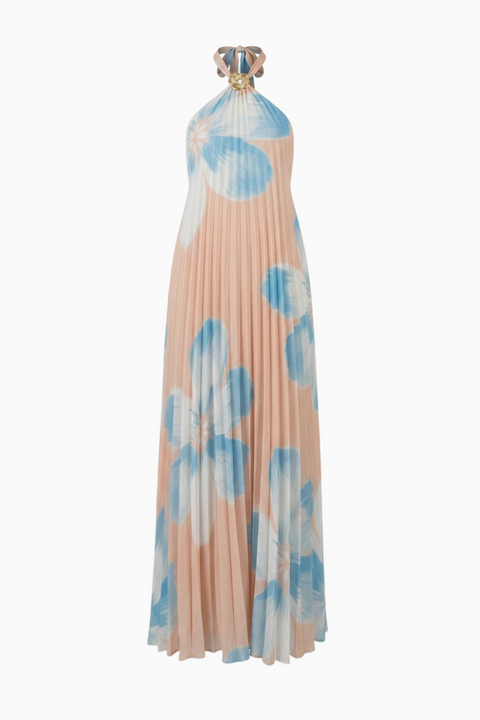 Navy Pleated Floral Halter Maxi Dress