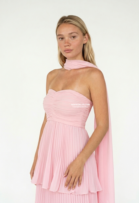 Blush Pink Strapless Tiered Pleated Maxi Dress
