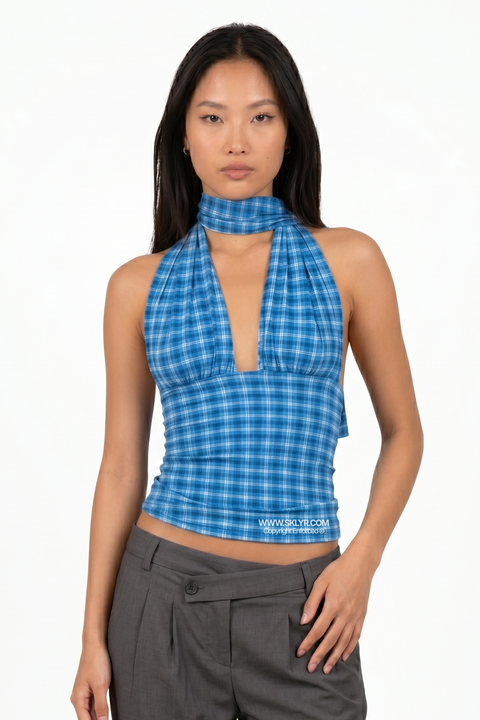 Retro Blue Tartan Halter Top