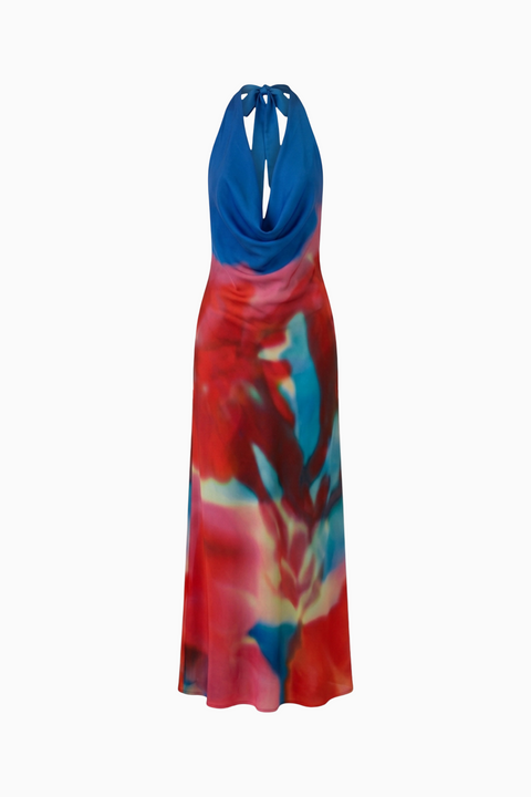 Cobalt Petal Print Halter Maxi Dress
