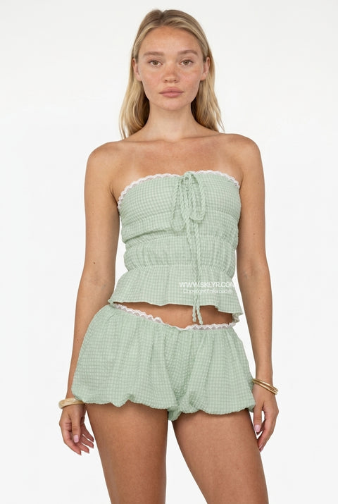 Gingham Lace-Trim Bandeau Set