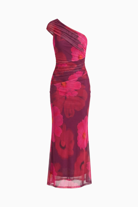 Fuchsia Floral One-Shoulder Maxi Dress