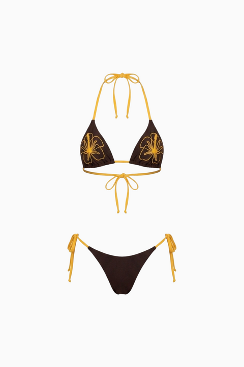 Two-Tone Hibiscus Floral Outline String Bikini