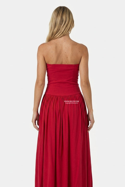 Red Satin Thigh-Slit Maxi Dress