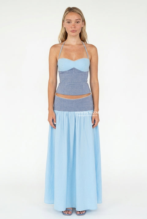 Sky Blue Halter Corset Top & Maxi Skirt Two-Piece Set
