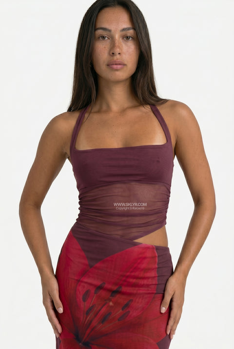 Burgundy Floral Satin Maxi Dress