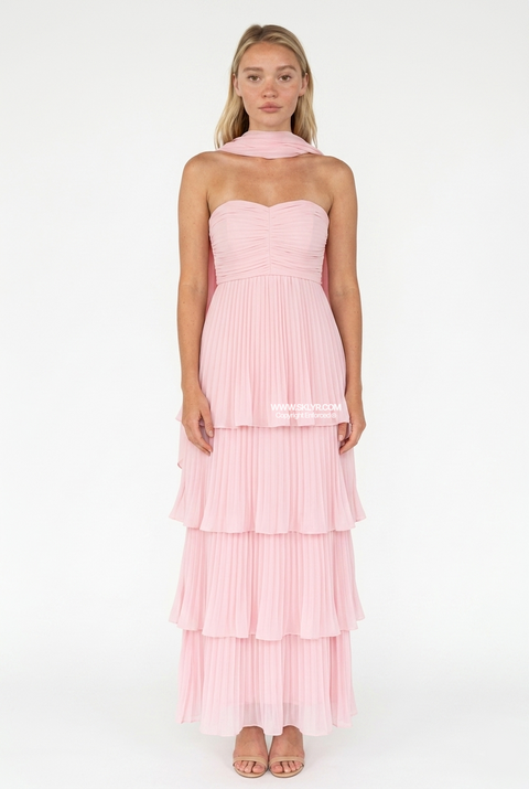 Blush Pink Strapless Tiered Pleated Maxi Dress