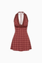 Berry Check Lace-Trim Mini Dress