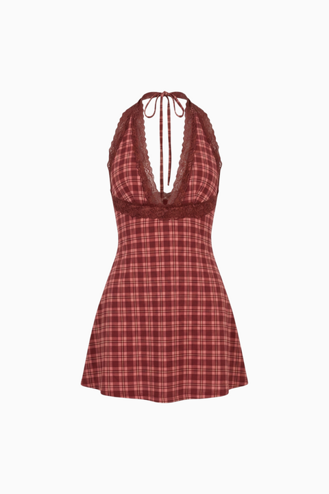Berry Check Lace-Trim Mini Dress