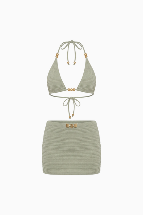 Textured Halter Bikini and Mini Skirt Set