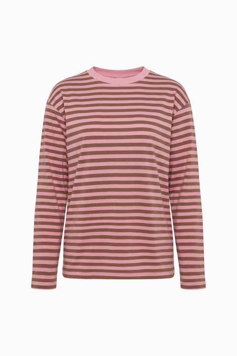 Pink and Brown Striped Long-Sleeve Crewneck Top