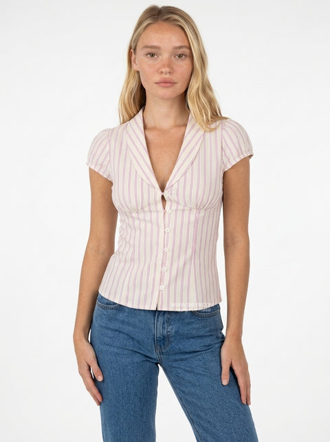 White Striped Ruched V-Neck Top