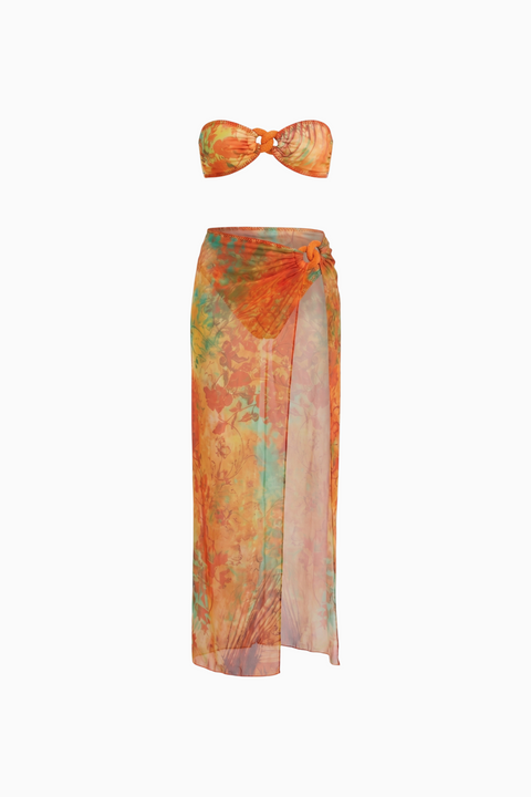 Sunset Floral Sheer Bandeau Maxi 3-Piece Bikini