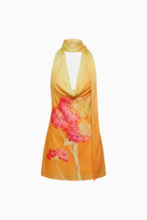 Yellow Sunset Floral Satin Halter Mini Dress
