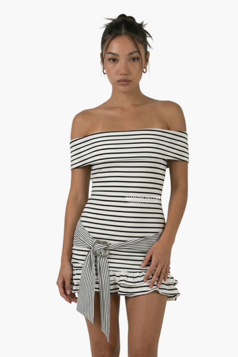 Black & White Striped Off-Shoulder Mini Dress
